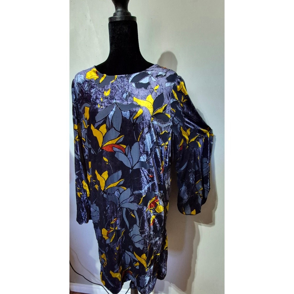 French Connection Purple Floral Velvet Shift Dress Long Sleeve Sz 12 XL